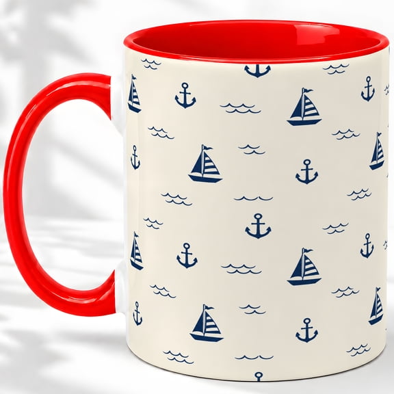 Nautical Sailboat Accent Mug, 11oz Ceramic Coffee Cup for Ocean Fans