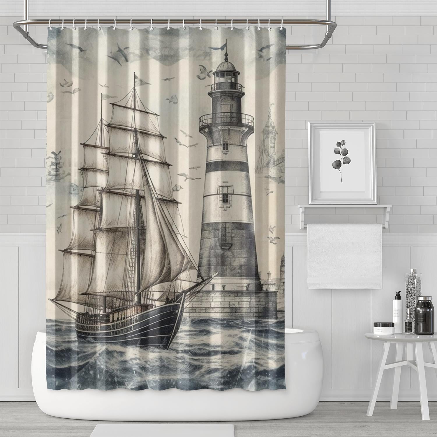 Nautical Sailboat Anchor Coastal Shower Curtains,Farmhouse Shower ...