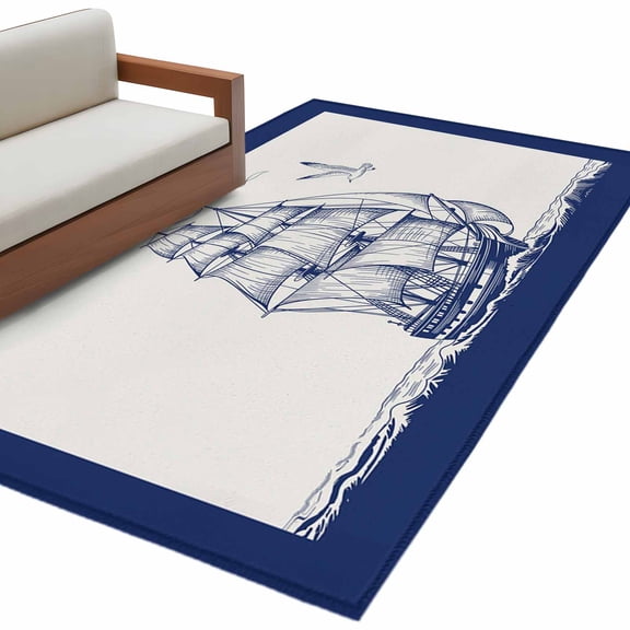 Nautical Sailboat Area Rug 3x5 FT, Non Slip Entryway Bedside Carpet, Navy Blue Ocean Seagull Waves Ship Washable Soft Floor Carpet Indoor Mat Non-Shedding Throw Rug for Dorm Kitchen Home Office