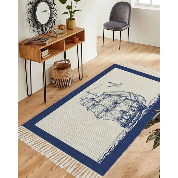 Nautical Sailboat Area Rug 3x5ft Woven Runner Rug,Navy Blue Ocean Seagull Waves Ship Washable Living Room Hallway Bedroom Kitchen Carpet with Tassels,Indoor Outdoor Throw Door Mat for Entryway