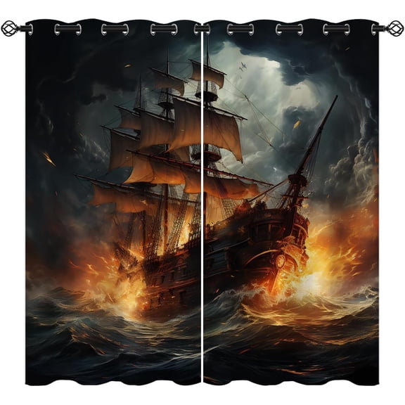 Nautical Sailboat Blackout Curtains for Girls Boy Home Decor, Vintage Ocean Navy Adventure Grommet Thermal Insulated Drapes Darkening Window Curtain for Bedroom Living Room-52"W x 54"L (Pack of 2)