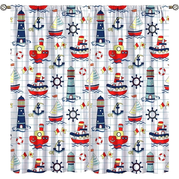 Nautical Sailboat Blackout Curtains Sailboat Lifebuoy Marine Life Lighthouse Pattern Printed Curtains Ocean Nautical Theme Living Room Curtains 42x54 Inches 2 Panels