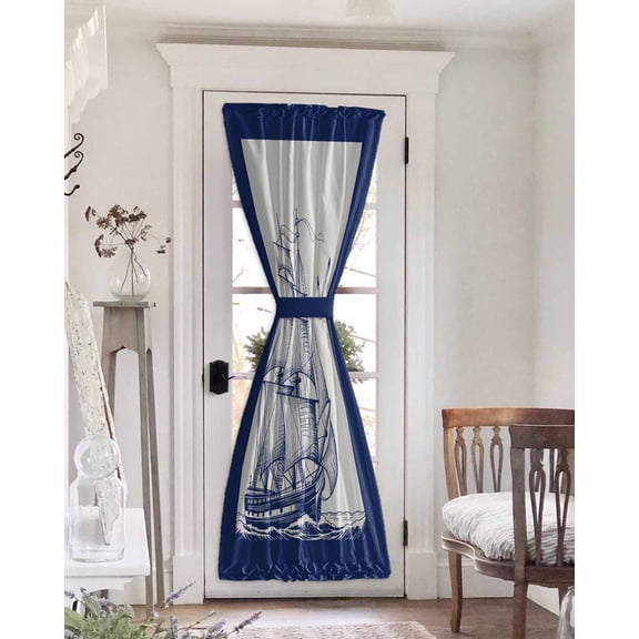 Nautical Sailboat Blackout Door Curtains for French, Glass,Front, Back, Patio Door, Navy Blue Ocean Seagull Waves Ship Thermal Insulated Rod Pocket Window Curtain Drapes With Tiebacks 25"x72"