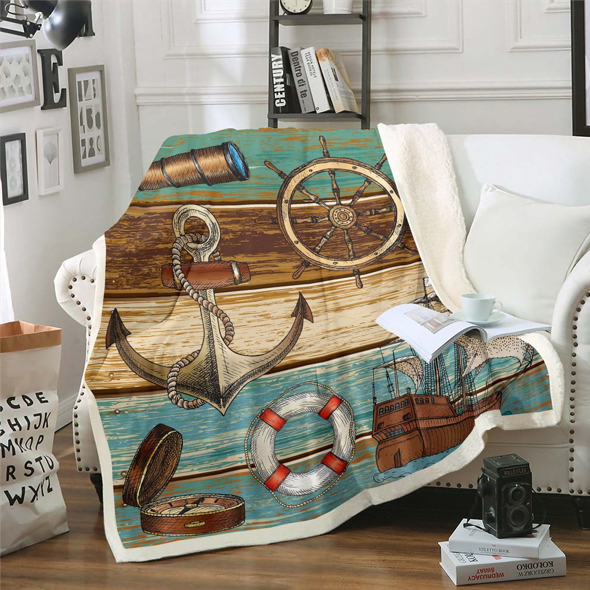 Nautical Sailboat Blanket Steering Wheel Compass 90"x90" Throw Blanket