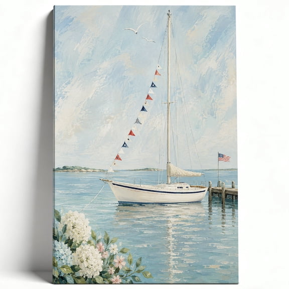 Nautical Sailboat Canvas Wall Art Coastal Ocean Landscape Poster American Flag Boat Painting Living Room Bedroom Cottage Decor Print Ready to Hang 8*12