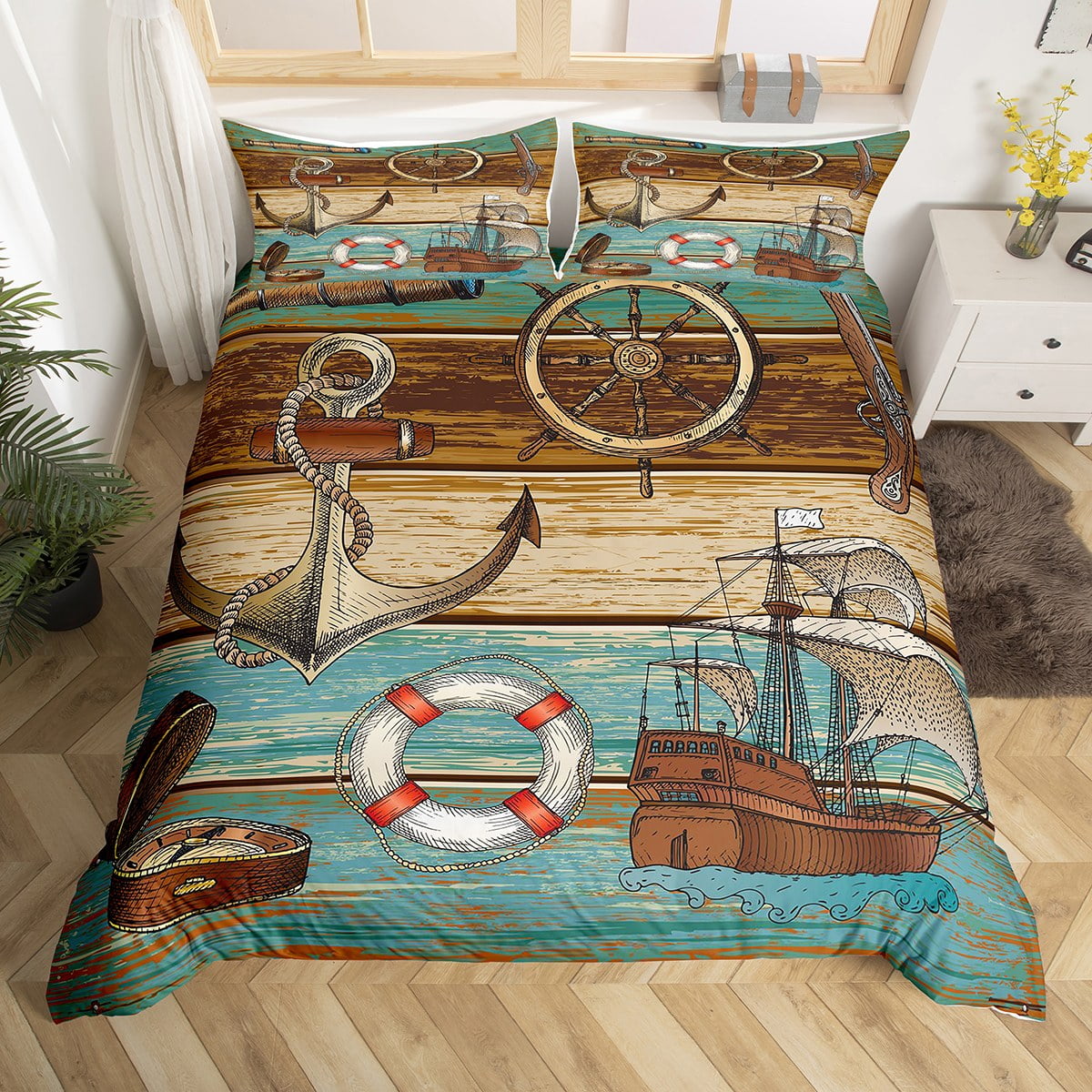 Nautical Sailboat Duvet Cover Steering Wheel Compass Queen Bedding Set