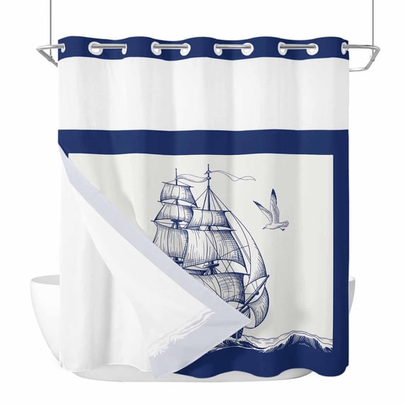 Nautical Sailboat No Hook Shower Curtain Waterproof, Bathroom Curtains with Snap in Liners and See Through Top Window, Navy Blue Ocean Seagull Waves Ship Hotel Style Bathtub Curtains Shower 72"Wx78"L
