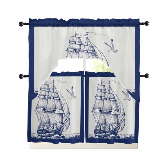 Nautical Sailboat Kitchen Curtains Sets 24 Inch Length with Valance, Navy Blue Ocean Seagull Waves Ship Swag Valances and Tiers Curtain Set Drapes Swag Curtains for Living Room, Bathroom, Bedroom