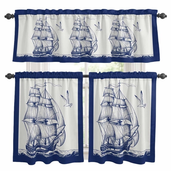 Nautical Sailboat Kitchen Curtains Sets for Windows 24 Inch Length, Navy Blue Ocean Seagull Waves Ship Rod Pocket Window Treatments Tier Curtains and Valances Set for Bedroom/Bathroom
