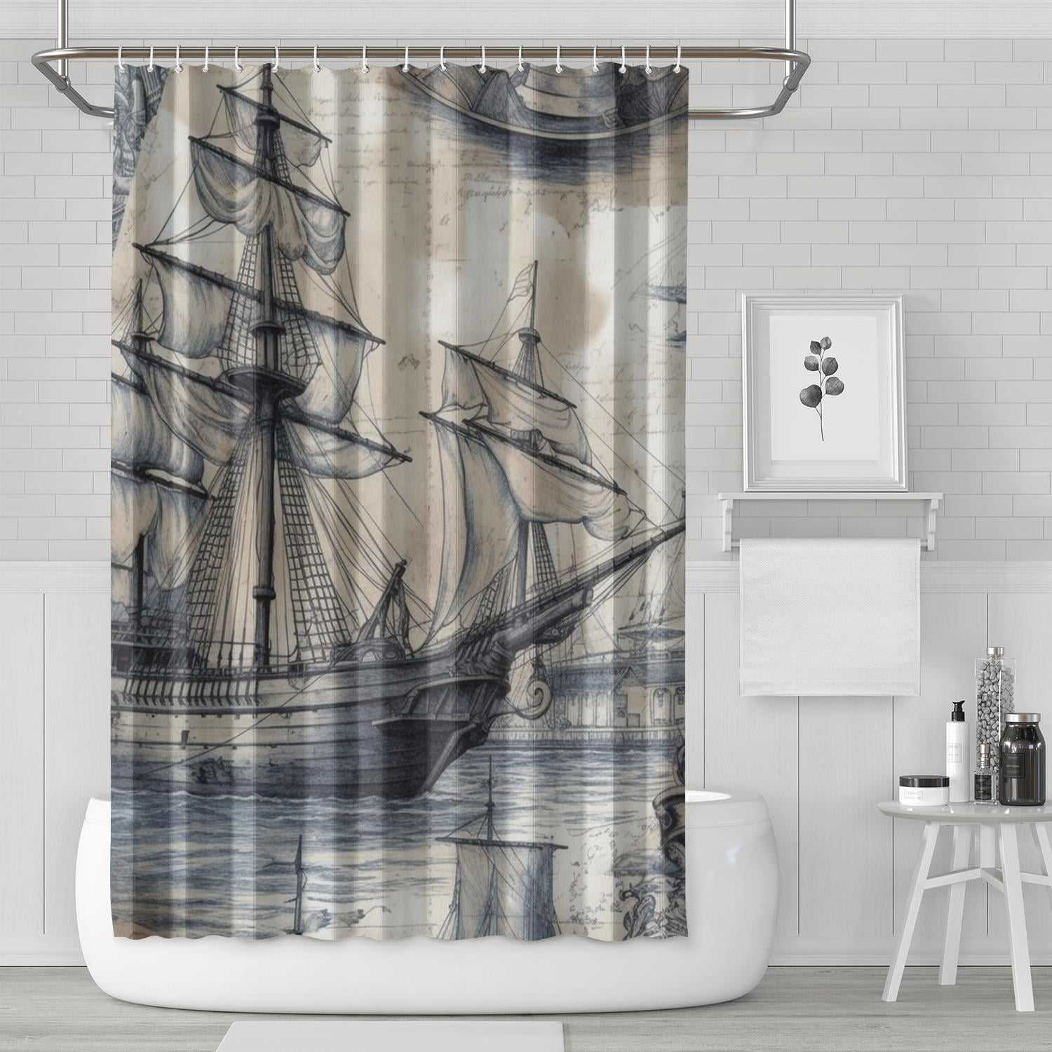 Nautical Sailboat Lighthouse Beach Ocean Theme Shower Curtains