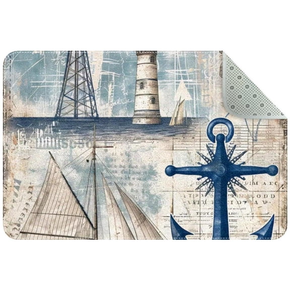 Nautical Sailboat Lighthouse Compass Anchor Small Area Rug, Non-Slip Door Mat Indoor Floor Mat, Washable Kitchen Rug Entrance DMat for Bedroom Living Room