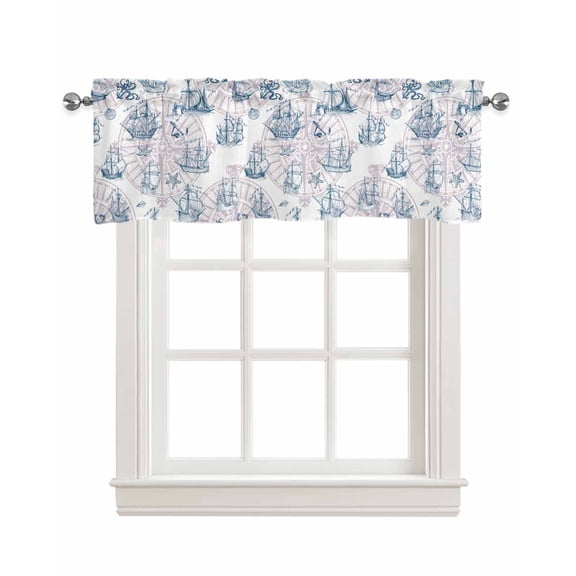 Nautical Sailboat Linen Curtain Valance for Bedroom/Bathroom/Kitchen/Office/Living/Dining Room Window,Abstract Compass Octopus Starfish Rod Pocket Topper Decorative Cafe Drapes Panel 60"x18"