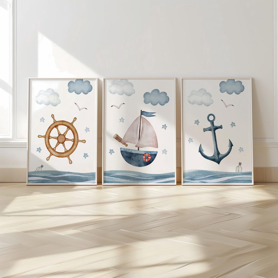 Nautical Sailboat Ocean Prints Set Of 3, Boys Nursery Wall Art ...