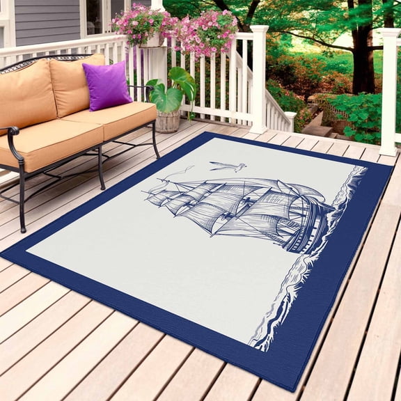 Nautical Sailboat Outdoor Rug 3x5 Ft, Non Slip Washable Area Rug, Navy Blue Ocean Seagull Waves Ship Patio Rugs Carpet Runner, Large Floor Mat for Indoor/Outdoor Deck Porch Camping