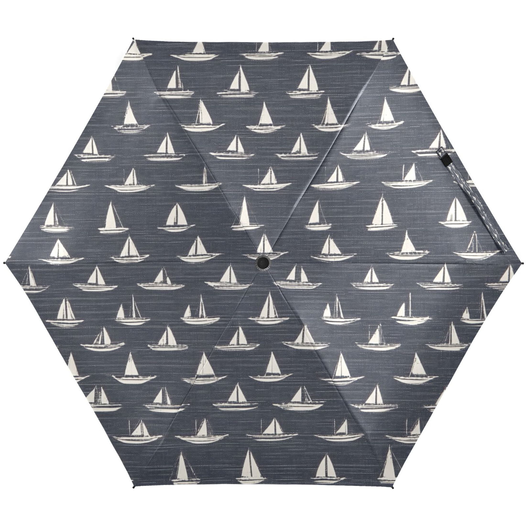 Nautical Sailboat Print Umbrellas for Sun Auto Open Close UV50+ Waterproof 5-Fold Compact Fiberglass Frame