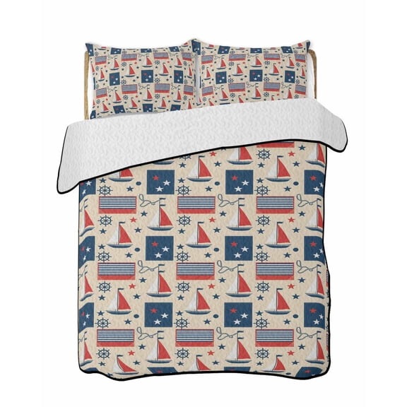 Nautical Sailboat Quilts Bedding Set Full Size Navy Star Blue White Striped Vintage Lightweight Quilted Bedspread 3 Piece Bed Quilt with 2 Pillow Shams All Season for Bedroom 68" x 98"