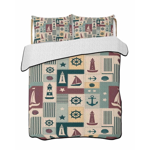 Nautical Sailboat Quilts Bedding Set Queen Size Anchor Star Navy Striped Shell Plaid Lightweight Quilted Bedspread 3 Piece Bed Quilt with 2 Pillow Shams All Season for Bedroom 78" x 90"