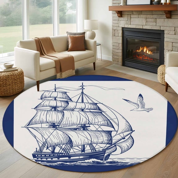 Nautical Sailboat Round Area Rug 6 FT, Non Slip Bedroom Area Rug, Navy Blue Ocean Seagull Waves Ship Washable Soft Circular Carpet Floor Mat for Kitchen Dining Room Home Office Kids Room