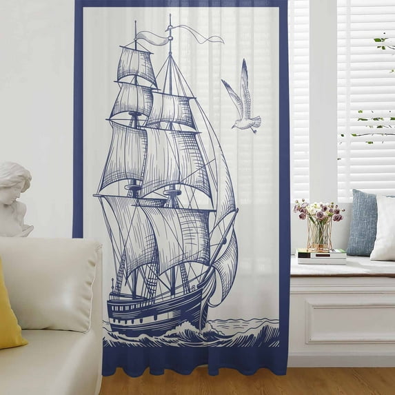 Nautical Sailboat Semi Sheer Curtains Drapes for Living Room, Bedroom, French Doors Window 45 Inches Long, Navy Blue Ocean Seagull Waves Ship Rod Pocket Chiffon Curtain Drapery Voile Draperies Panel