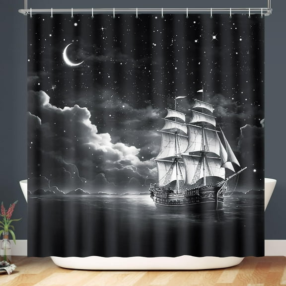 Nautical Sailboat Shower Curtain Marine Theme Sea Ocean Coastal Ship Anchor Star Waves Curtains Waterproof Fabric Shower Curtains Bath Decor Black-72"W x 72"L (Pack of 1)