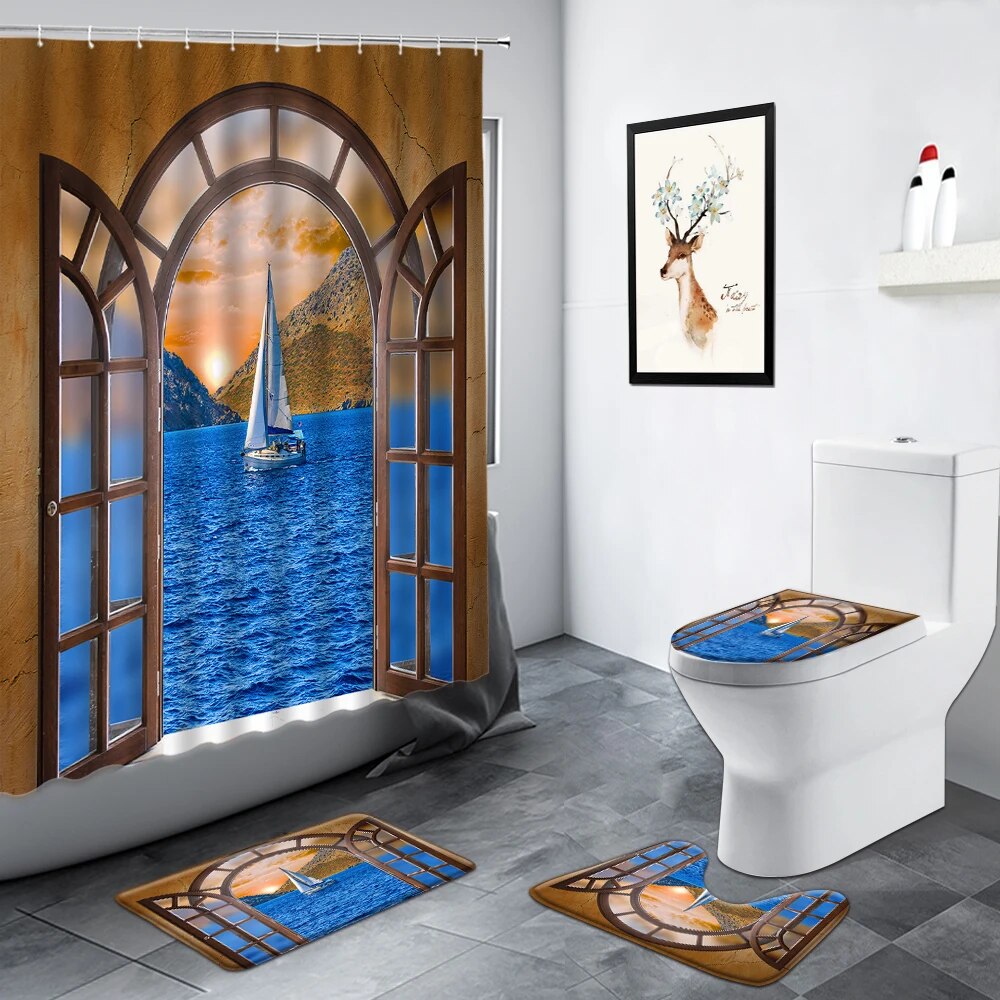 Nautical Sailboat Sports Ocean Landscape Shower Curtain Birds Sea Wave