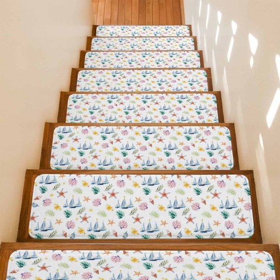 Nautical Sailboat Stair Treads Non Slip for Steps Summer Coastal Starfish Coral Palm Leaf 4 Pcs Reusable Adhesive Stair Runner Mats for Dogs Elders Carpet Treads Rugs for Staircase 8x30 In