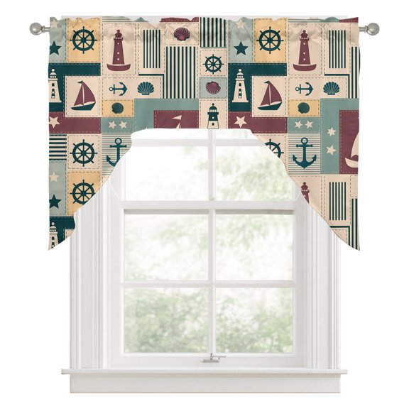Nautical Sailboat Swag Valance for Windows, Anchor Star Navy Striped Shell Plaid Swag Curtains Valances for Small Window Treatment Rod Pocket for Kitchen Bathroom 1 Panel 56x36in