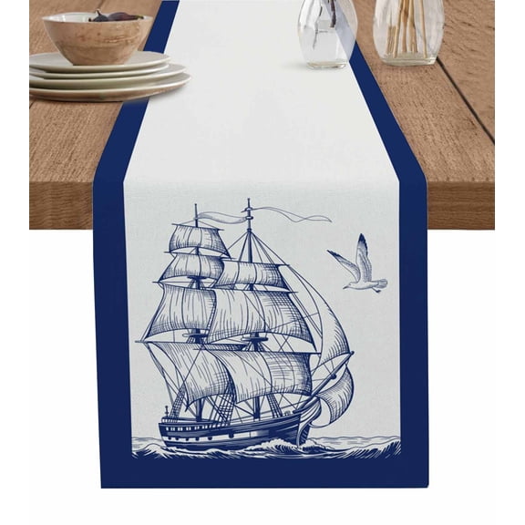 Nautical Sailboat Table Runner 70 Inches, Navy Blue Ocean Seagull Waves Ship Bed Runner Dresser Scarves Tabletop for Indoor Outdoor Parties/Ceremony/Banquet, 13" x 70"