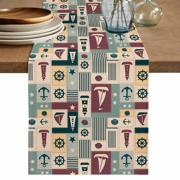 Nautical Sailboat Table Runner, Anchor Star Navy Striped Shell Plaid Cotton Linen Kitchen Table Decoration Washable Dining Tabletop Runners for Home Party Decor 13x48 Inches