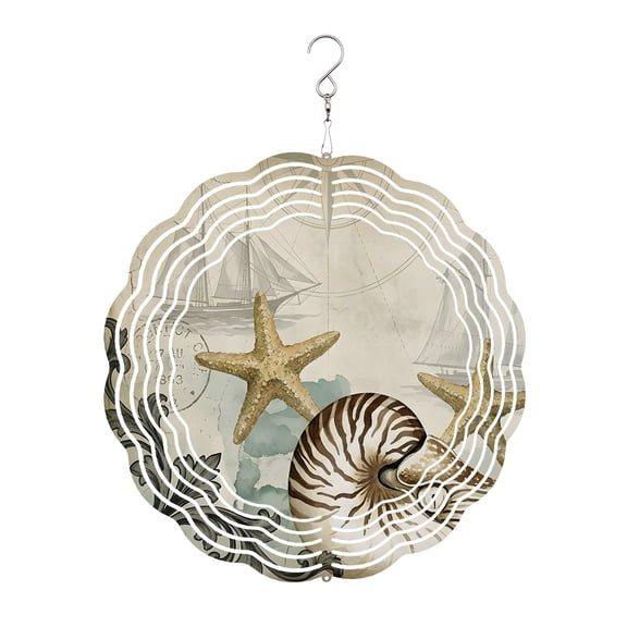 Nautical Sailboat Wind Spinner for Garden Yard 8In, Conch Yellow Starfish Vintage Watercolor 3D Stainless Steel Kinetic Hanging Wind Spinners Rustproof Outdoor Decor for Lawn Patio Home