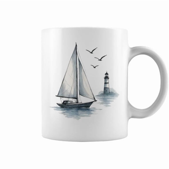 Nautical Sailboat With Seabirds And Lighthouse Sailing Coffee Mugs