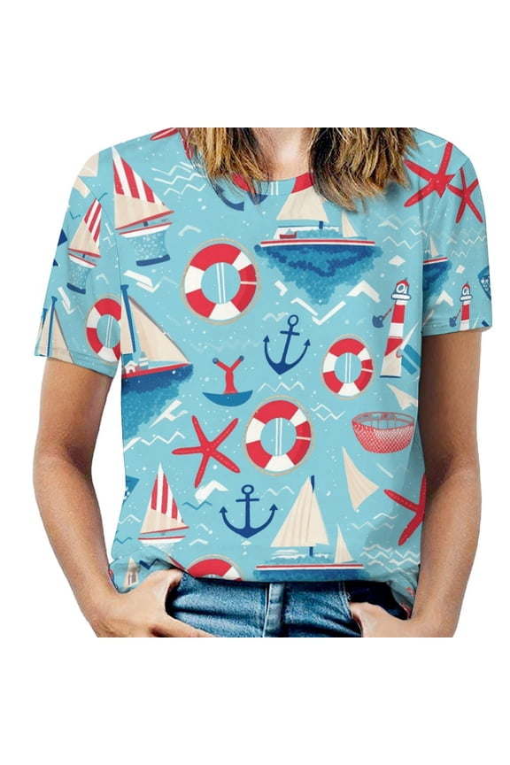Nautical Sailboats Lifebuoys-1 Women's Short Sleeve T-Shirt Crew Neck Casual Summer Trendy Loose Fit Tops