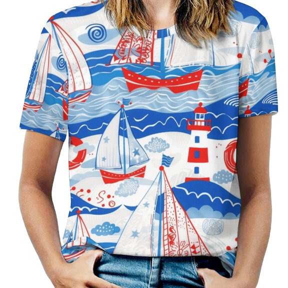 Nautical Sailboats Lighthouse-2 Women's Short Sleeve T-Shirt Crew Neck Casual Summer Trendy Loose Fit Tops