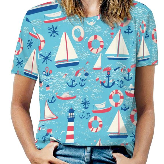 Nautical Sailboats Lighthouses-4 Women's Short Sleeve T-Shirt Crew Neck Casual Summer Trendy Loose Fit Tops