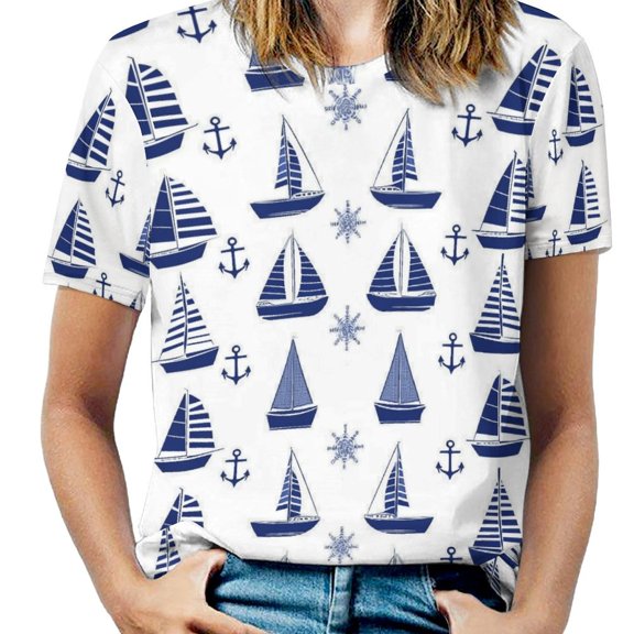 Nautical Sailboats Pattern Women's Short Sleeve T-Shirt Crew Neck Casual Summer Trendy Loose Fit Tops