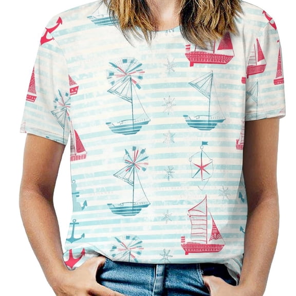 Nautical Sailboats Stripes-1 Womens Tops Women's Fashion Casual Short Sleeve Flower Print Round Neck Pullover Top Blouse