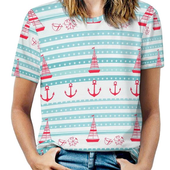 Nautical Sailboats Stripes-2 Womens Tops Women's Fashion Casual Short Sleeve Flower Print Round Neck Pullover Top Blouse