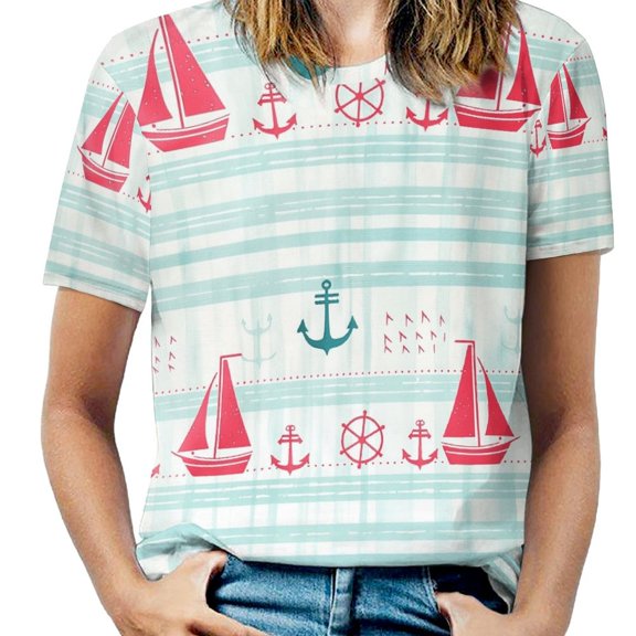Nautical Sailboats Stripes-3 Womens Tops Women's Fashion Casual Short Sleeve Flower Print Round Neck Pullover Top Blouse