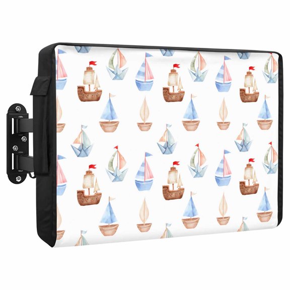 Nautical Sailboats Waterproof Outdoor TV Cover, Modern Coastal Ocean Minimalist Red Blue Boats Outside Weatherproof TV Enclosures for 40 to 43 Inch LCD Television Shield Flat Screen Protectors