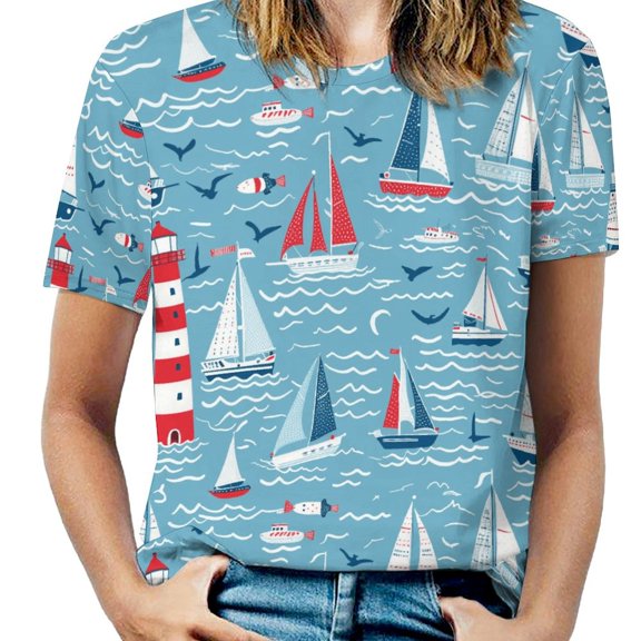 Nautical Sailing Adventure-1 Women's Short Sleeve T-Shirt Crew Neck Casual Summer Trendy Loose Fit Tops