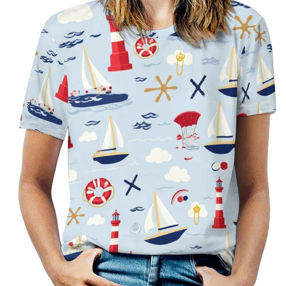 Nautical Sailing Adventure-2 Womens Tops Women's Fashion Casual Short Sleeve Flower Print Round Neck Pullover Top Blouse