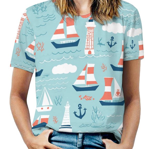 Nautical Sailing Adventure Women's Short Sleeve T-Shirt Crew Neck Casual Summer Trendy Loose Fit Tops