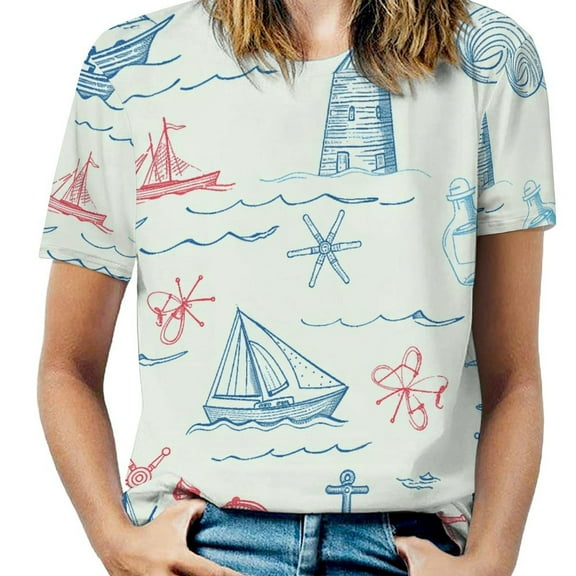 Nautical Sailing Adventure Womens Tops Women's Fashion Casual Short Sleeve Flower Print Round Neck Pullover Top Blouse