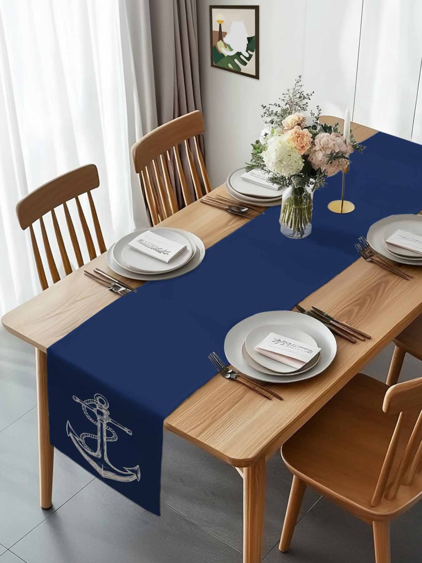 Nautical Sailing Anchor String Sketch Table Runner 90 Inches Long, Marine Navy Blue White Table Runners Tabletop Scarf Kitchen Dining Tables Decoration for Home Party Indoor Outdoor