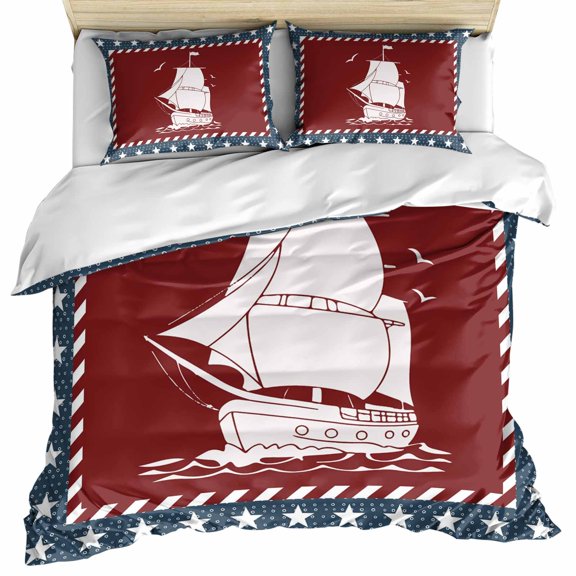 Nautical Sailing Bedding 3 Piece Duvet Cover Set Queen Size, Red Navy Blue Coastal Stars Ocean Soft Microfiber Comforter Cover with Zipper Closure & Pillowcases, Wrinkle & FadeResistant Quilt Cover