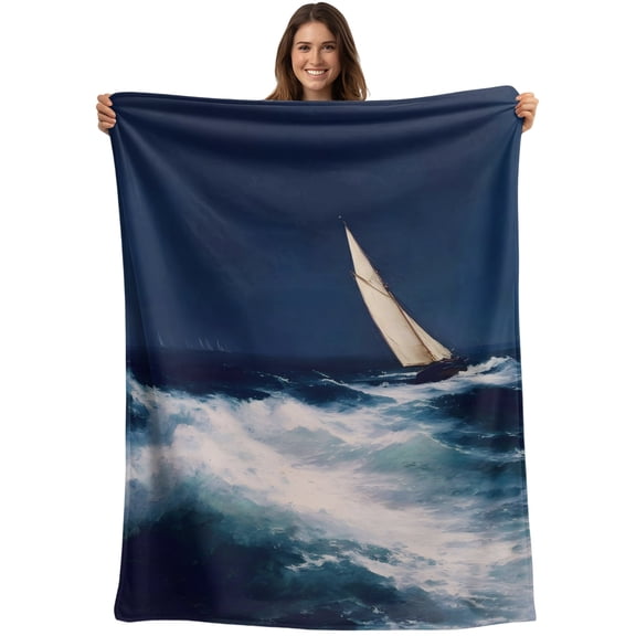 Nautical Sailing Boat Blanket Soft Cozy Warm Throw Blanket for Couch, Plush Fuzzy Flannel Blankets for Sofa, Blue Coastal Ocean Sea Waves Bed Blankets Lightweight Gifts for Women, 32"x48"