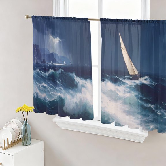 Nautical Sailing Boat Semi Sheer Curtains 54 Inch Length 2 Panels Set, Blue Coastal Ocean Sea Waves Sheer Kitchen Curtain Privacy Voile Window Curtain for Living Room Bedroom Rod Pocket Drapes