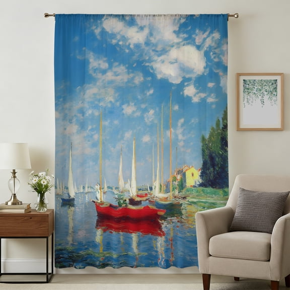 Nautical Sailing Boat Sheer Curtains 108" Extra Long for Living Room, Coastal Trees House Blue Sky Light Filtering Privacy Drapes, Breathable Semi Sheer Window Treatment for Floor to Ceiling Window