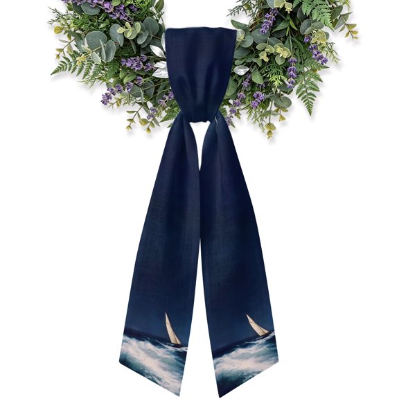 Nautical Sailing Boat Wreath Sash for Front Door, Blue Coastal Ocean Sea Waves Wreath Bow Holiday Garland Ribbon Wreath Accessories for Home Yard Porch Doorway Fall Christmas Decorations Gifts