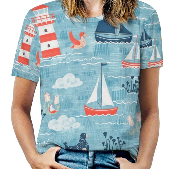 Nautical Sailing Boats Lighthouse Women's Short Sleeve Tops Casual Blouses T Shirt